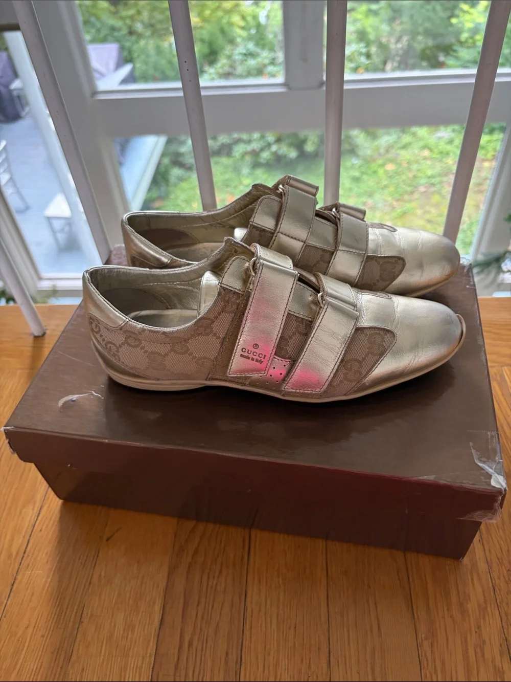 GucciGold Silver Metallic Velcro GG Canvas Sneakers